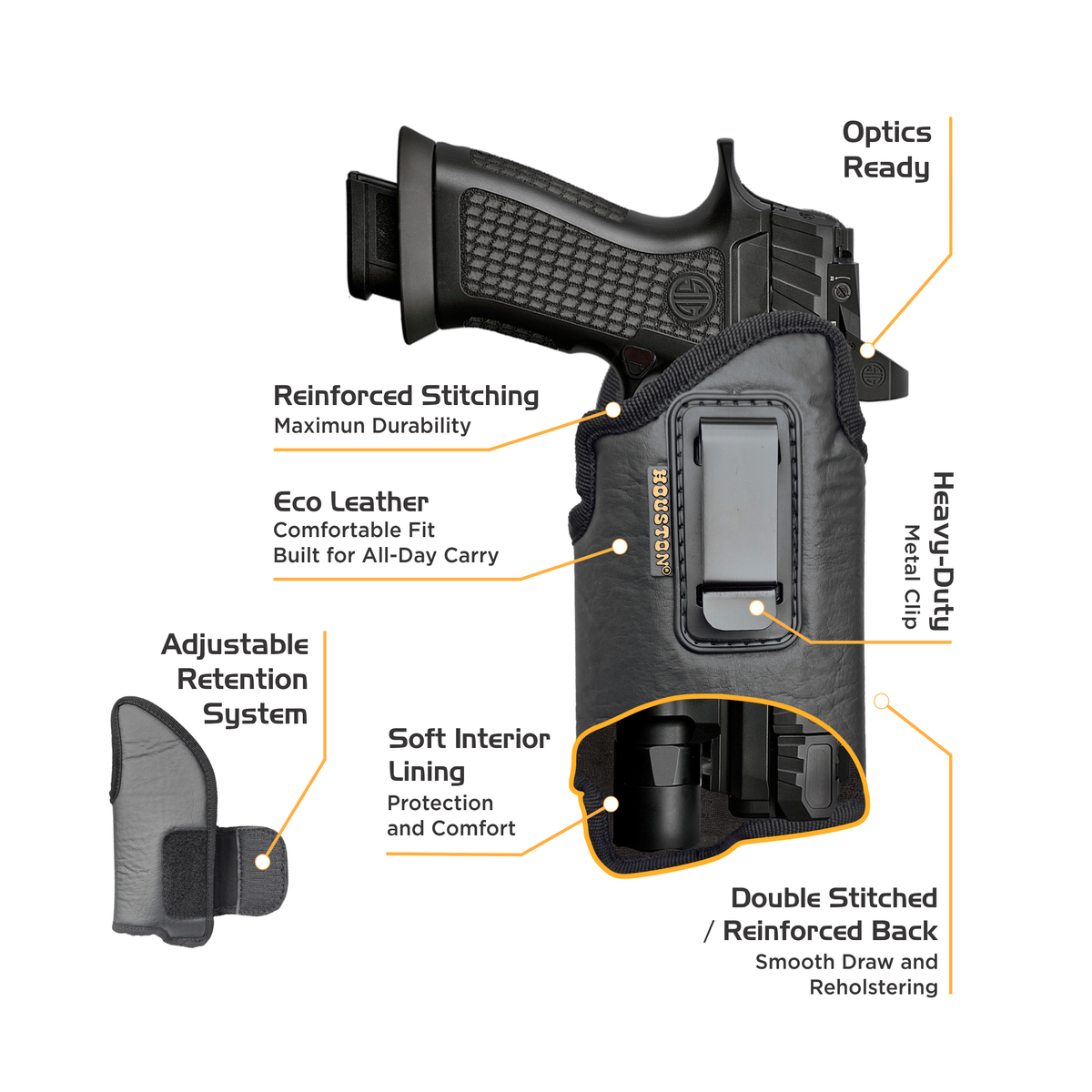 Eco-Leather IWB Holster with Light & Laser ā Adjustable Metal Clip, Suede-Lined, Optics Ready