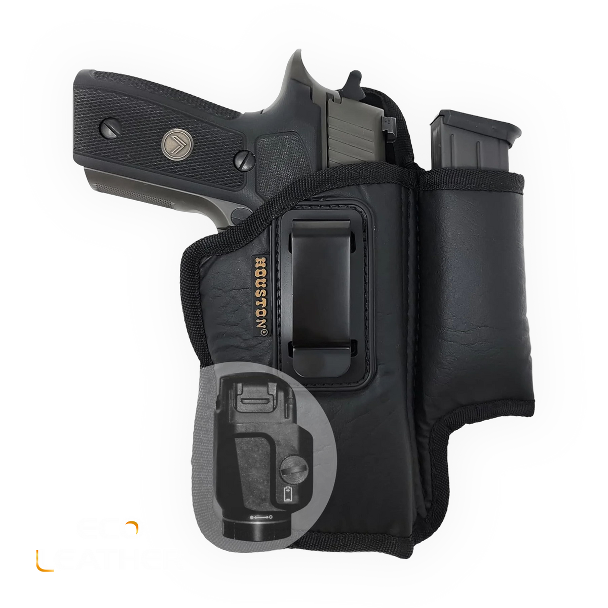 Eco-Leather IWB Holster with Mag Holder & Laser – Suede-Lined, Metal Clip, Right & Left Hand