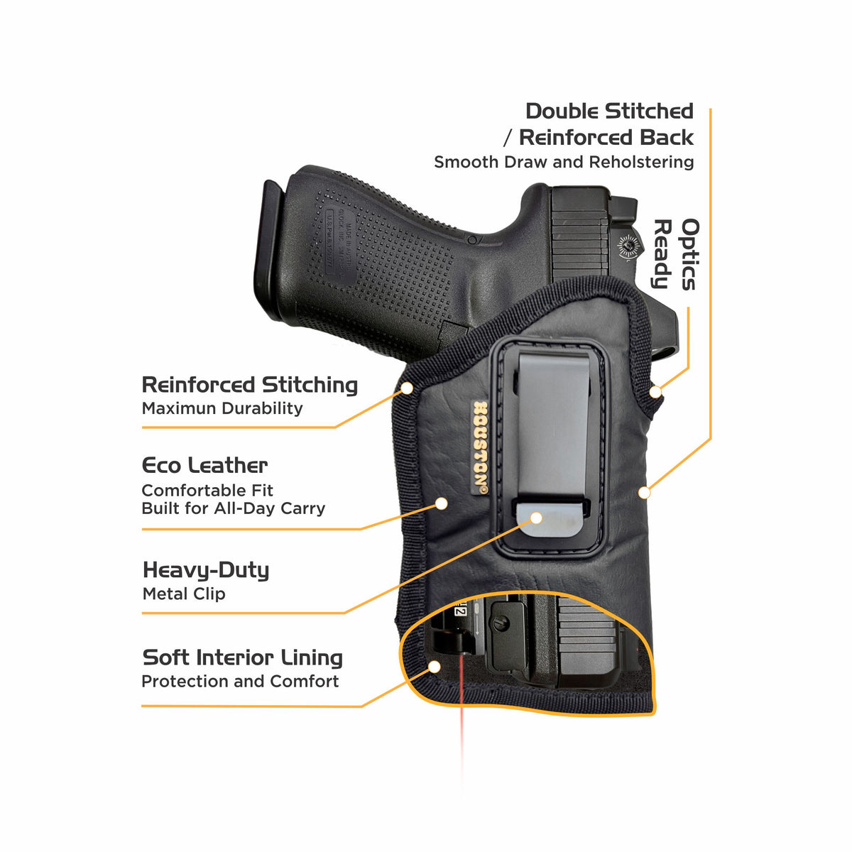 Eco-Leather Optic Cut IWB Holster with Laser – Suede-Lined, Metal Clip, Right & Left Hand