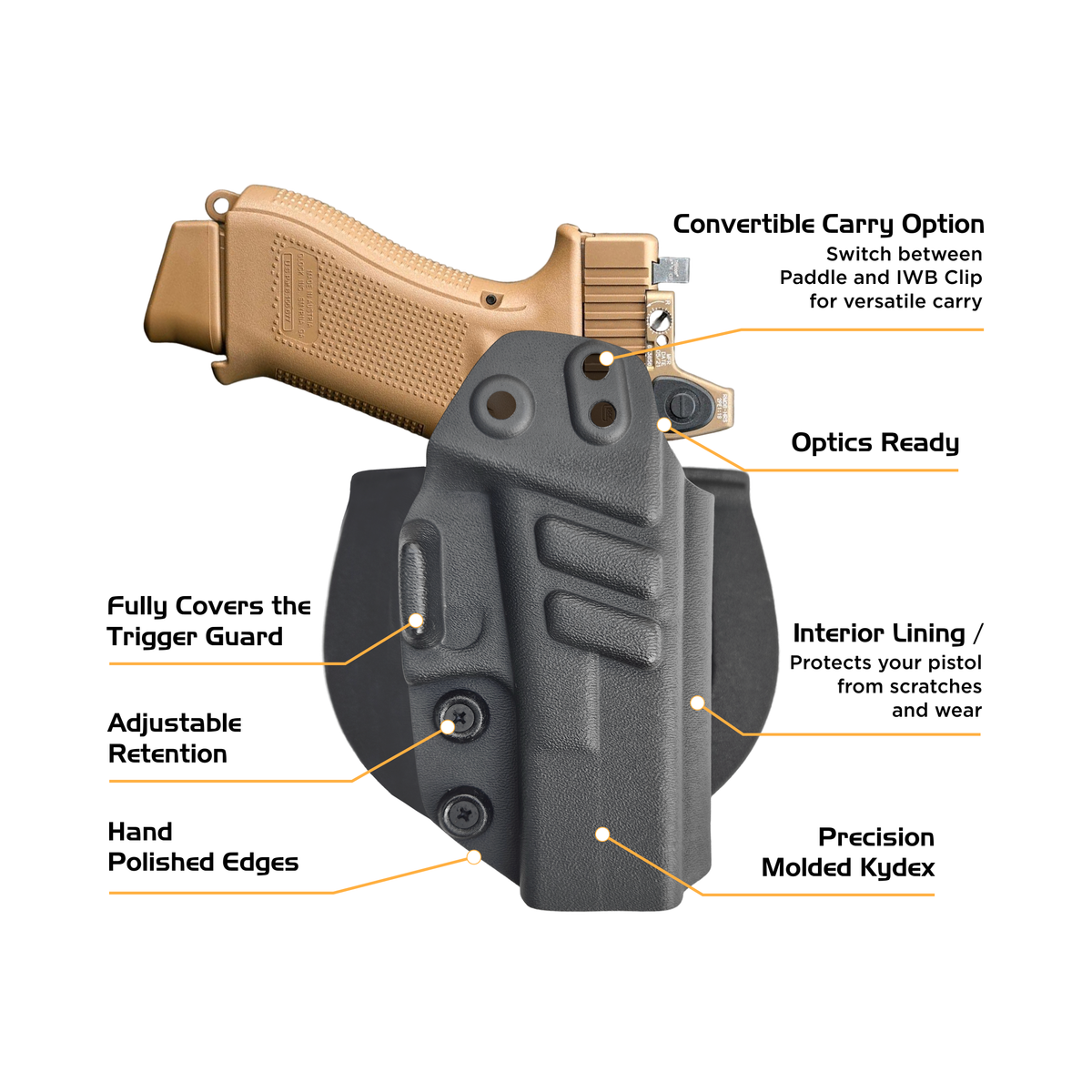 KYDEX IWB/OWB Holster with Paddle & Clip – Right Hand | Suede-Lined | 90+ Gun Models